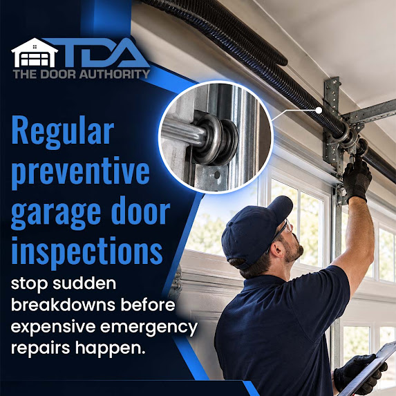 Garage door service technician inspecting overhead tracks and high-tension torsion springs, accompanied by a circular inset highlighting a nylon roller in a steel track.