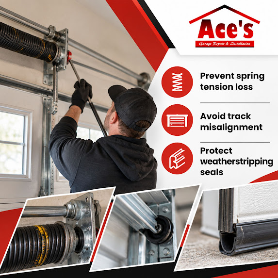 Garage door technician using a winding bar on an overhead torsion spring, with inset panels showcasing torsion hardware, roller track alignment, and a bottom rubber weatherstripping seal.
