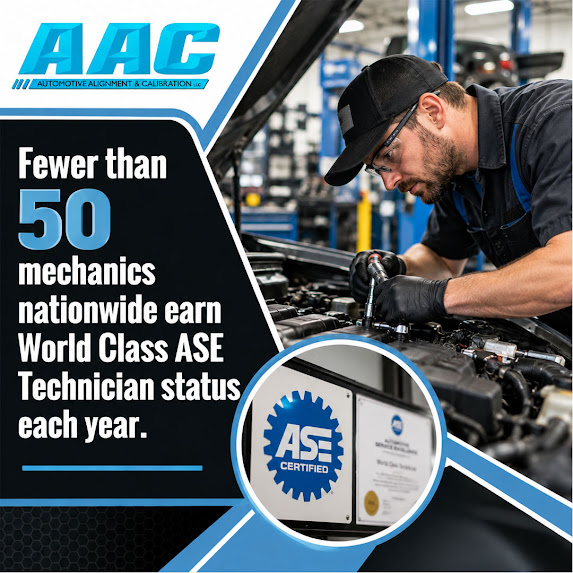 Professional automotive mechanic in safety glasses and gloves working under the open hood of a car, paired with an inset showing an ASE Certified logo and a framed World Class Technician credential.