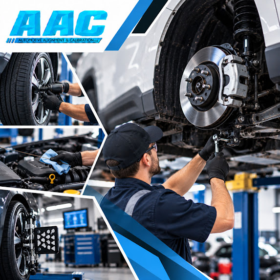 Auto technician using a ratchet wrench to service undercarriage suspension and disc brakes on a vehicle lift, accompanied by insets of wheel installation, engine oil check, and digital 3D wheel alignment equipment.
