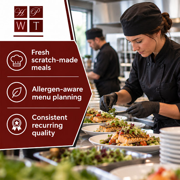 Chef plating grilled salmon with microgreens in a catering kitchen as a colleague prepares food in the background