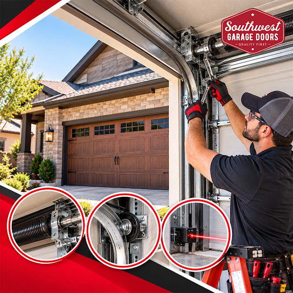 Garage door service technician adjusting overhead track hardware with a wrench on a residential garage door, with circular insets highlighting a torsion spring assembly, track roller mechanism, and an aligned red laser photo-eye safety sensor.