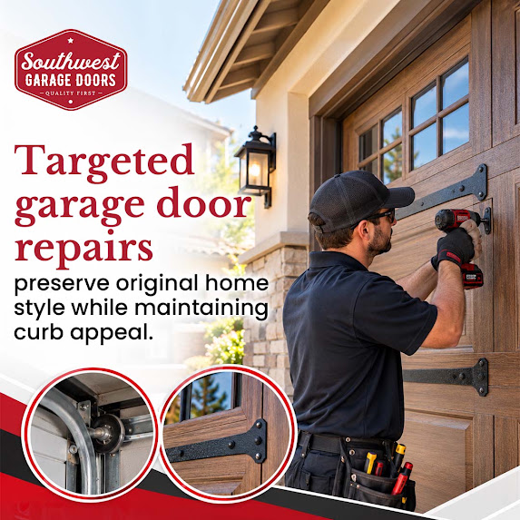 Garage door technician using a power drill on decorative carriage house hardware, with circular insets showing overhead track rollers and an ornamental black iron strap hinge.