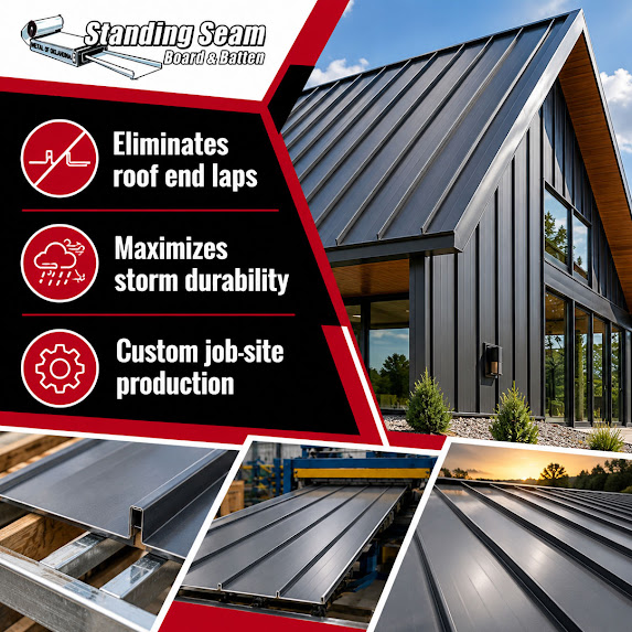 Modern black standing seam metal roof paired with matching board and batten siding on a modern home, with insets showing on-site roll forming equipment and finished panel ribs.