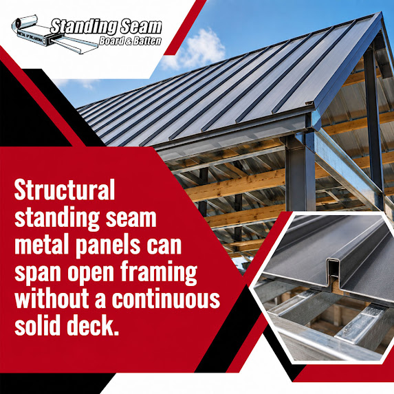 Dark charcoal structural standing seam metal roof installed over open steel purlins and wood roof framing, with a close-up profile of the raised seam panel seam.