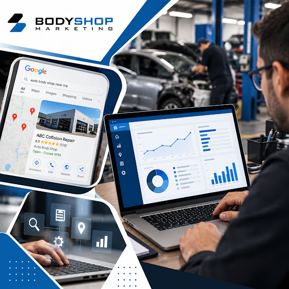 Marketing specialist analyzing performance charts on a laptop in an auto repair shop bay, with overlays of Google Maps local business rankings and digital marketing icons.