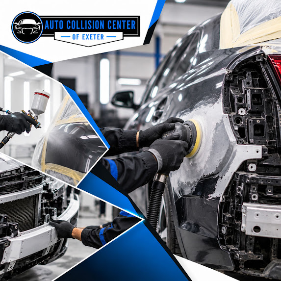 Collision repair technician sanding body filler on a rear vehicle quarter panel, accompanied by two diamond insets showing spray booth paint application and front-end frame reassembly.