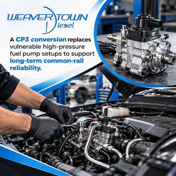 Diesel mechanic working on an open truck engine bay, paired with an inset showing an uninstalled high-pressure CP3 fuel injection pump on a shop workbench.