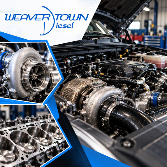 Open diesel truck engine bay equipped with a high-performance turbocharger with a heat blanket, accompanied by detail insets of a turbo compressor inlet and a precision-machined engine cylinder block with pistons.