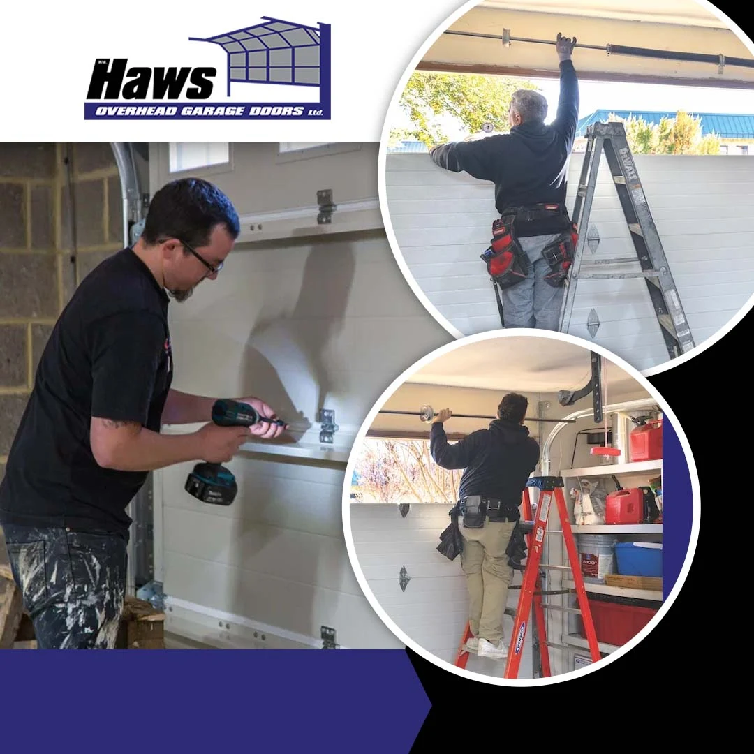Garage door technician fastening sectional door hardware with a power drill, accompanied by two circular insets showing technicians on ladders installing and adjusting overhead torsion springs.