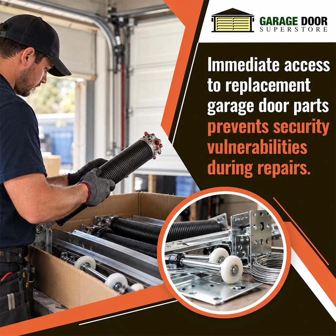 Garage door repair technician unpacking a heavy-duty torsion spring from a box, with an inset showcasing replacement rollers, hinges, brackets, and cables.