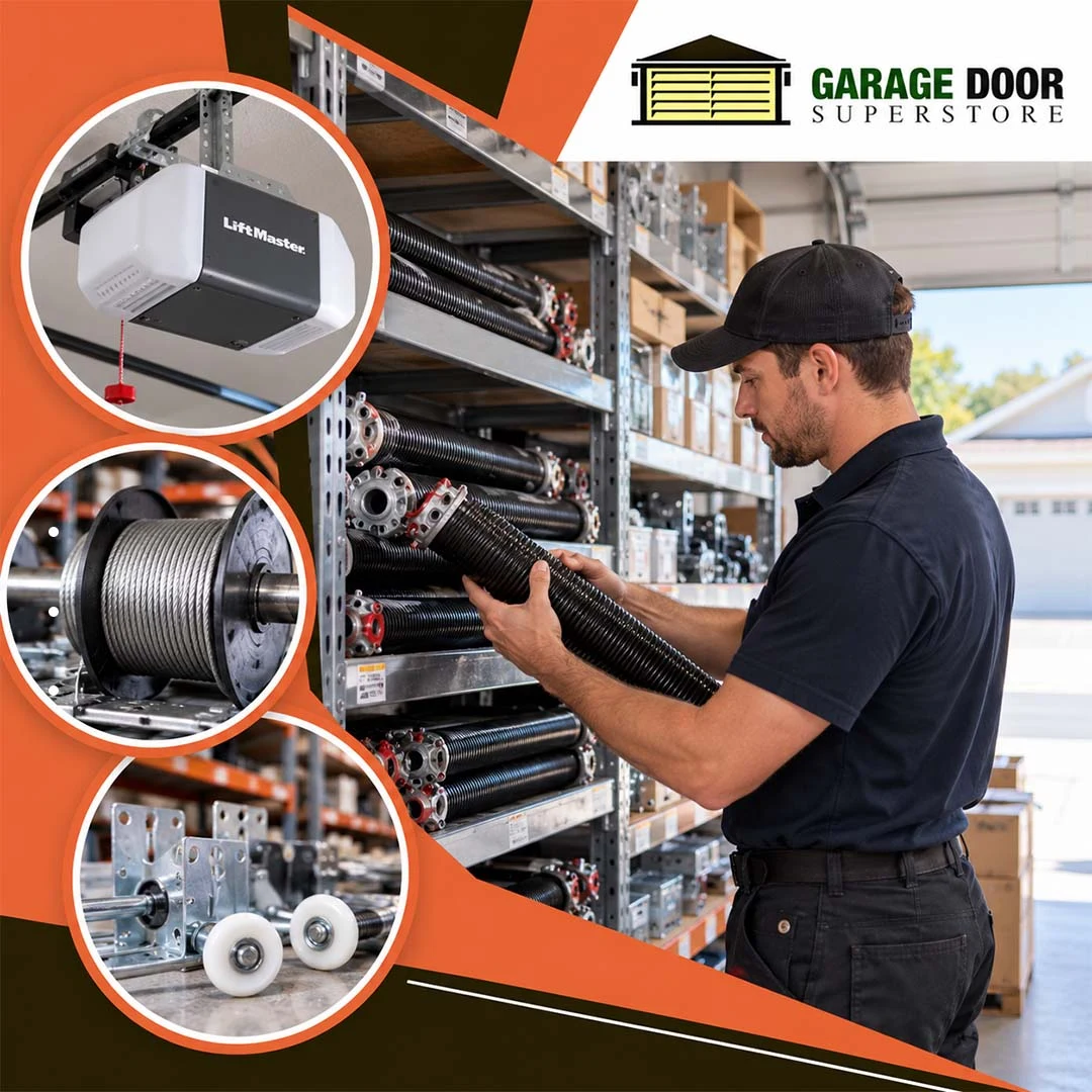 Warehouse technician selecting heavy-duty garage door torsion springs from storage shelving, with circular insets highlighting a LiftMaster garage door opener, cable drum assembly, and nylon rollers with mounting brackets.