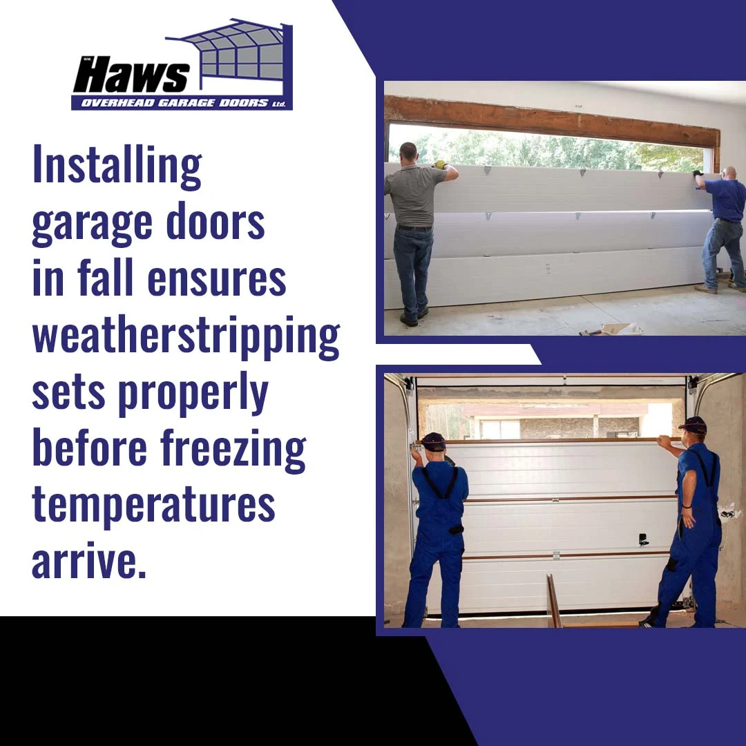 Two panels showing garage door technicians installing and leveling sectional garage door panels during a residential installation.